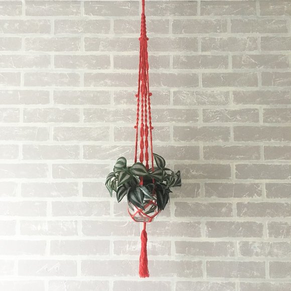 Handmade red cotton macrame plant hanger. - Picture 4 of 8